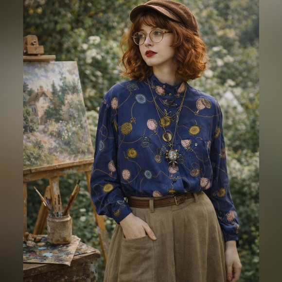 Vintage Tops - Vintage purple Button-Up Shirt with Clock Pattern novelty size 12 artsy quirky